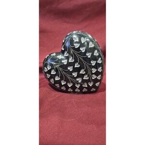 Vintage Black Soapstone Heart Paperweight Hand Carved Etched Vine Leaf 1.8 lb